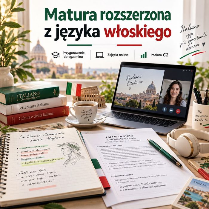 Włoski Matura Rozszerzona + Polski Formuła 2023 po włosku | 2 w 1 | Online