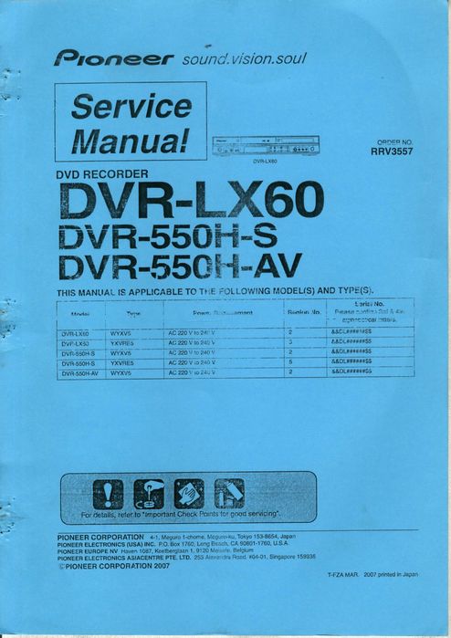 Instrukcja serwisowa Pioneer DVR-LX60, DVR-550H-S, DVR-550H-AV