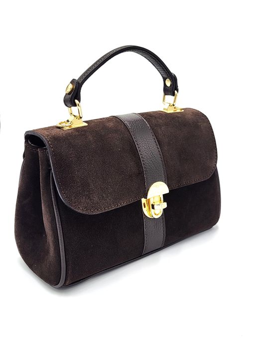 Torebka damska kuferek skóra naturalna zamsz czekoladowy brąz