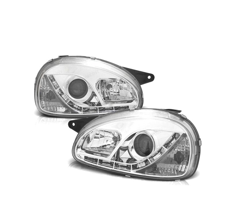 FARÓIS COM LUZ DIURNA LED OPEL CORSA B 93-00 FUNDO CROMADO