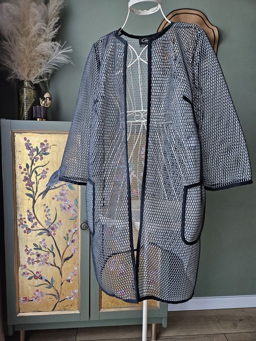 Unikatowa narzutka kimono Caterina Leman mesh siatka 36 S czarna biała