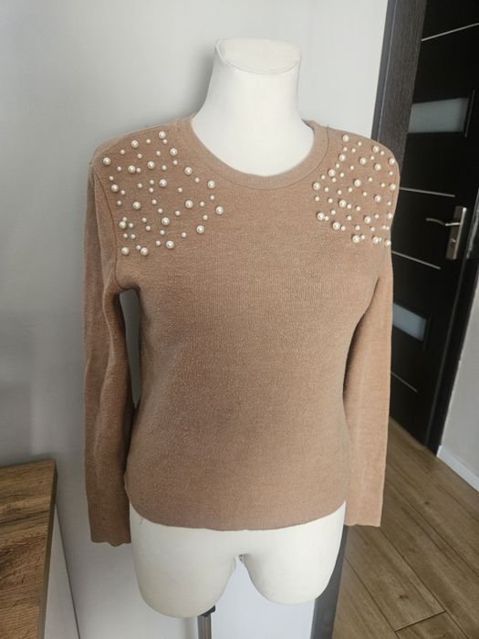 Sweter brąz perełki zara s