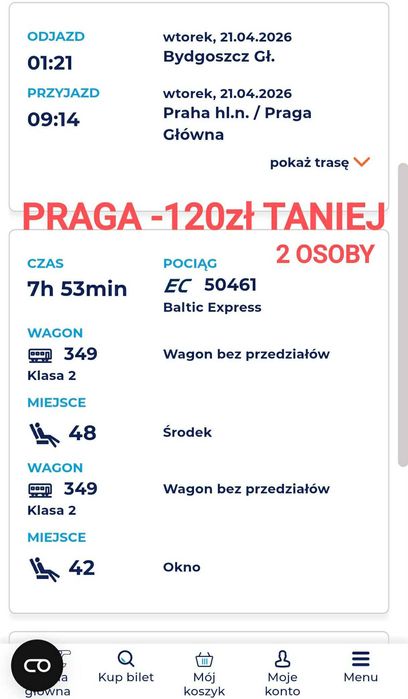 TANIEJ -120zł! Bilety pociąg Bydgoszcz–Praga 21.04, 2 os + zmiana danych