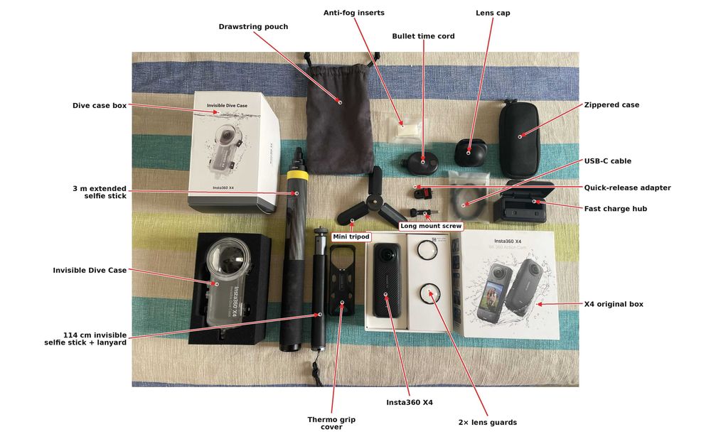insta 360 x4 + official invisible dive case + vários accessórios