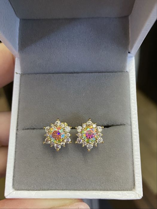 Срібні сережки з діамантами муасанітами колір веселка 0.5 ct*2. Сертифікат