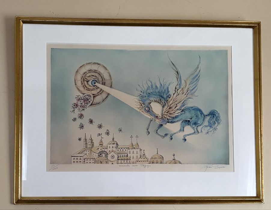 Duża surrealistyczna grafika „Spotkanie z Pegazem” Jean Daprai