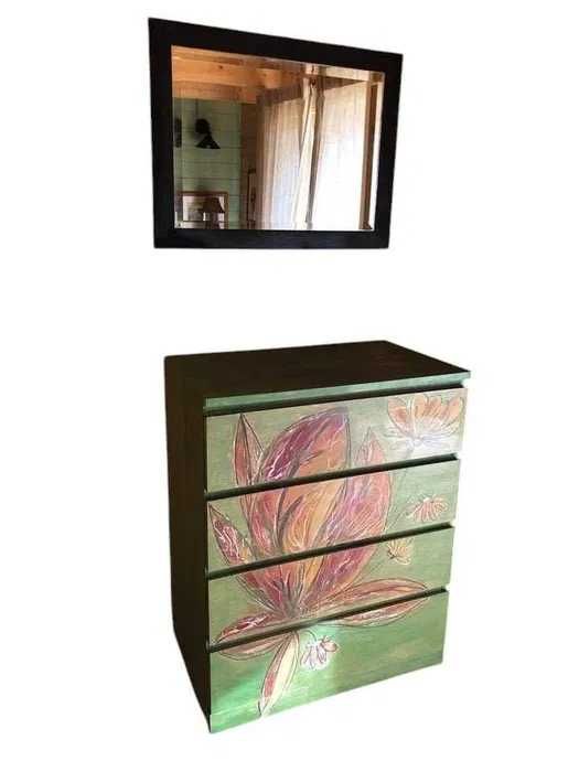 Conjunto de cómoda e espelho antiga cômoda do ikea, pintada a mão