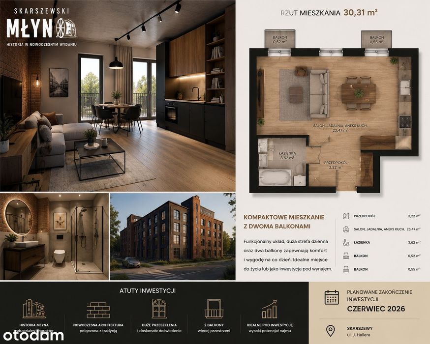 Kompaktowy apartament z 2 balkonami w historycznym Skarszewskim Młynie