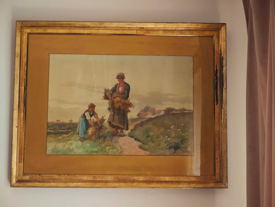 akwarala orginal sygn. XIX w A. Poisson  Zniwiarka - Matka z dzieckiem zbierajaca siano , na tle zabudowan wiejskich   1891