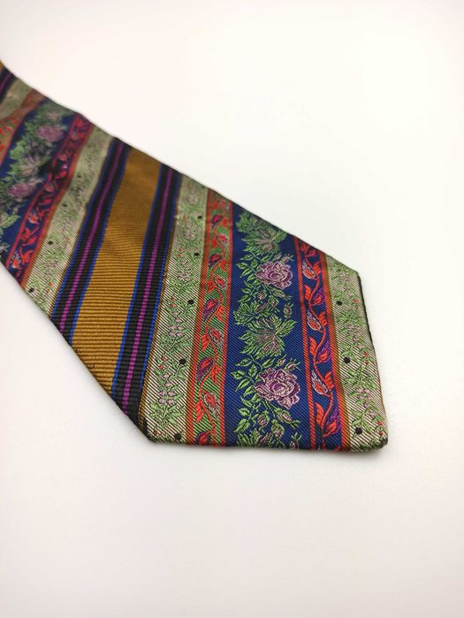 Ken brązowy niebieski jedwabny krawat w paski kwiaty mpi113