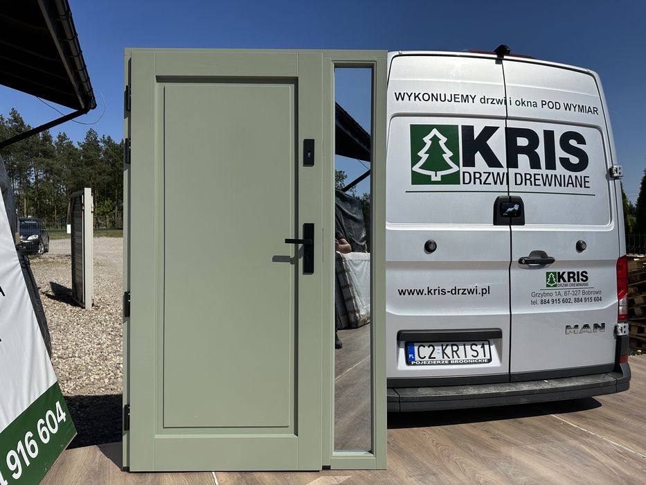 Drzwi zewnętrzne drewniane ZIELONE z doświetlem Czyste powietrze