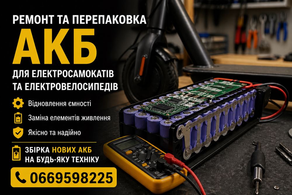 Ремонт і збірка АКБ  Перепаковка акумуляторів для самокатів та електровелосипедів