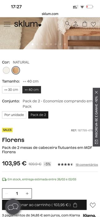 Pack mesas de cabeceira Sklum suspensas