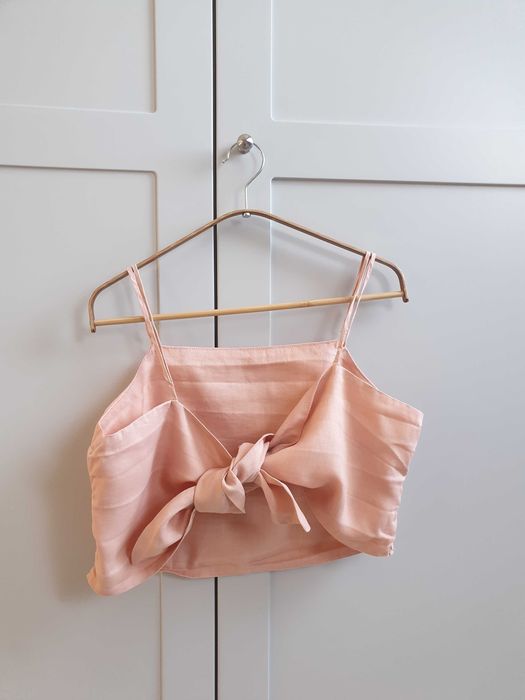 Lniana wiązana krótka bluzka crop top H&M 38 100% len