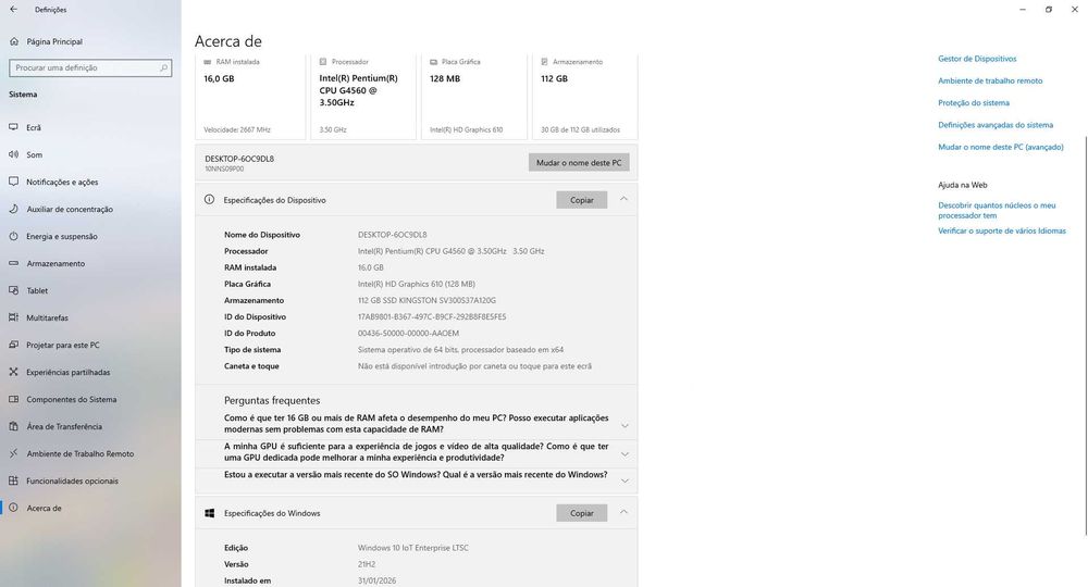 Computador Lenovo com Intel Pentium G4560 e 16GB RAM