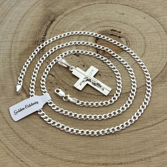 Srebrny Łańcuszek Komunijny + Krzyżyk Chrystus Srebro Pr. 925 + Grawer