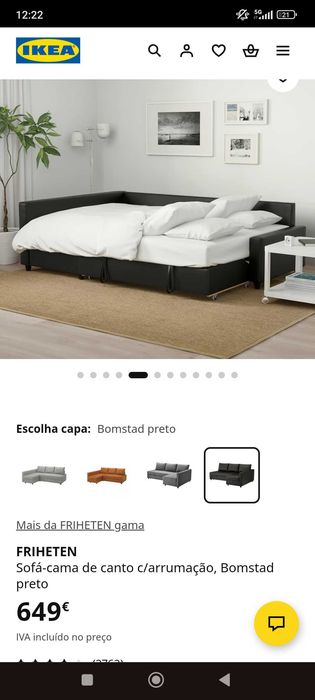 Sofá-Cama IKEA FRIHETEN Bomstad Preto c/ Arrumação - Como Novo