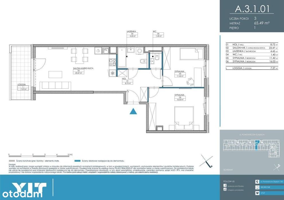3-pokojowe mieszkanie 65m2 + loggia