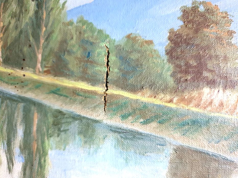 Para restauro: paisagem fluvial - pintura em óleo sobre tela - assinad