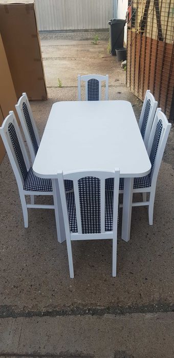 Nowe: STÓŁ 80x140/180 + 6 KRZESEŁ , biały + pepitka , dostawa cała PL