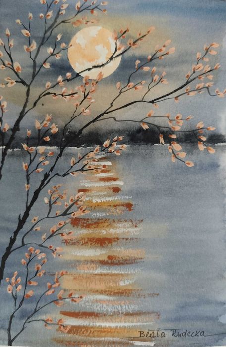 Oryginalna Akwarela „Księżycowa Ścieżka” | 14x21 cm | Styl Japoński
