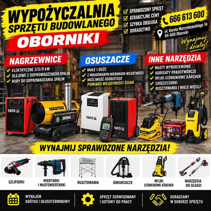 Wynajem sprzętu budowlanego, zagęszczarka, osuszacze, agregat prądotwórczy, młot wyburzeniowy, agregat do szpachlowania szlifierka, odwiertnica