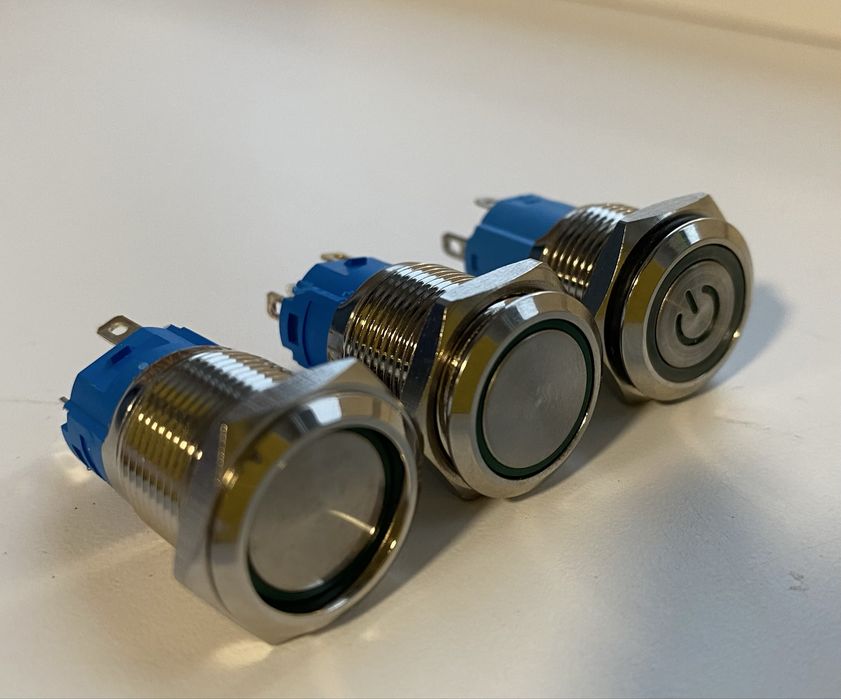 Кнопка металева з зеленою LED підсвіткою 16 мм, 12V - 24V