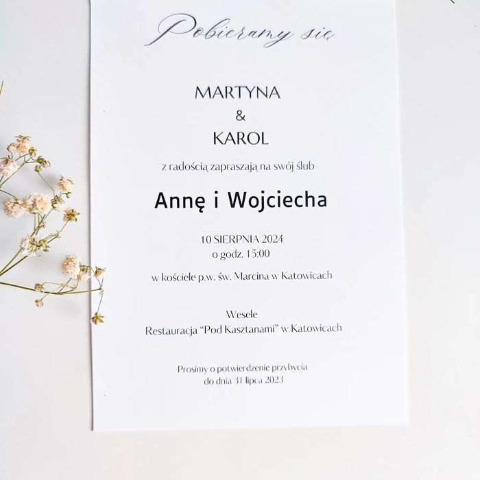 Zaproszenia ślubne na ślub minimalistyczne jedno kartkowe