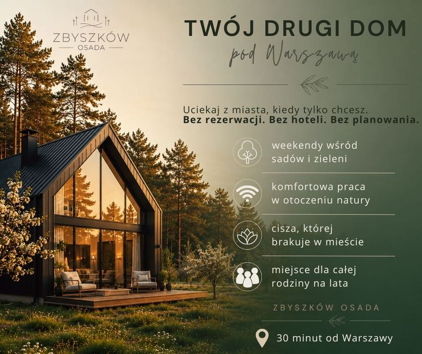 Energooszczędny dom "Nowoczesna stodoła" wg własnego projektu, 30 minut od Warszawy, Zbyszków k. Góry Kalwarii; w kompleksie 28 działek z MPZP;