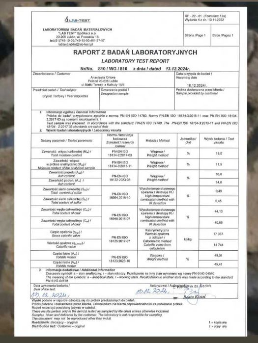 Tani opał, Brykiet torfowy BIG BAG/PALETA , zamiennik węgla, Wylewa