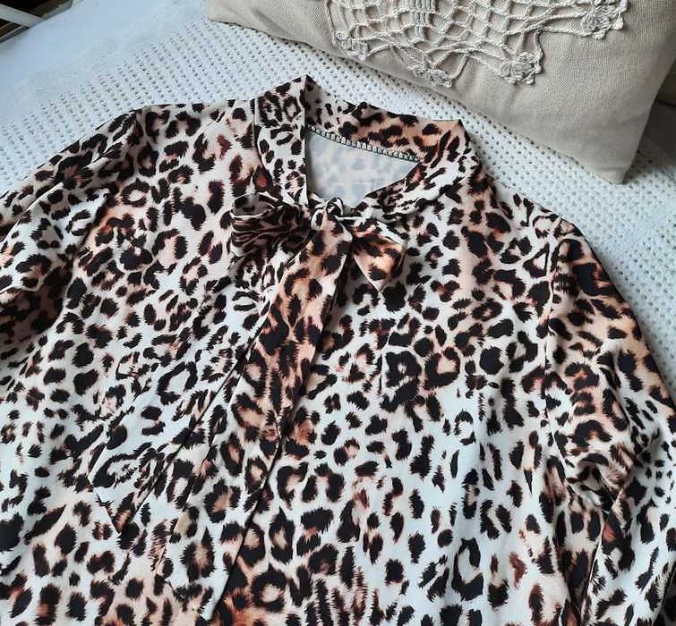 Piękna nowa w panterkę leopard sukienka wiązana brąz camel beż M M/L