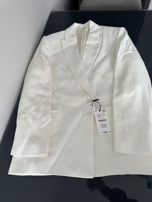 Двубортный блейзер из льняной смеси от zw collection zara, білий піджак з льону zara