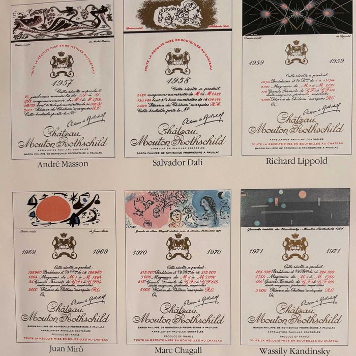 plakat Château Mouton Rothschild z etykietami lata 90 unikat