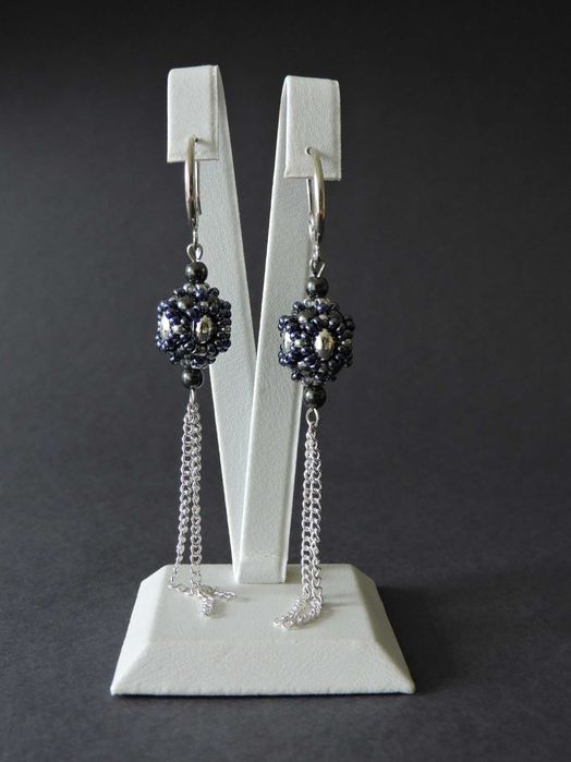 Сережки кульки з ланцюжком сріблясті довгі сережки ручна робота