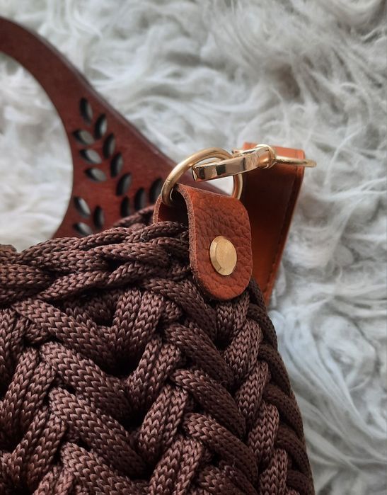 Torebka koszyk duża czekolada handmade drewniane rączki z paskiem