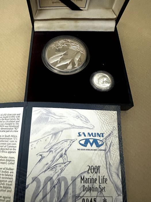 Set 2 moedas África do Sul 2001 'Marine Life - Dolphins' Prata Proof