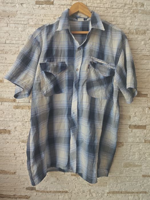 Męska koszula Hangkai 68 kratka niebieska krótki rękaw kieszenie oversize