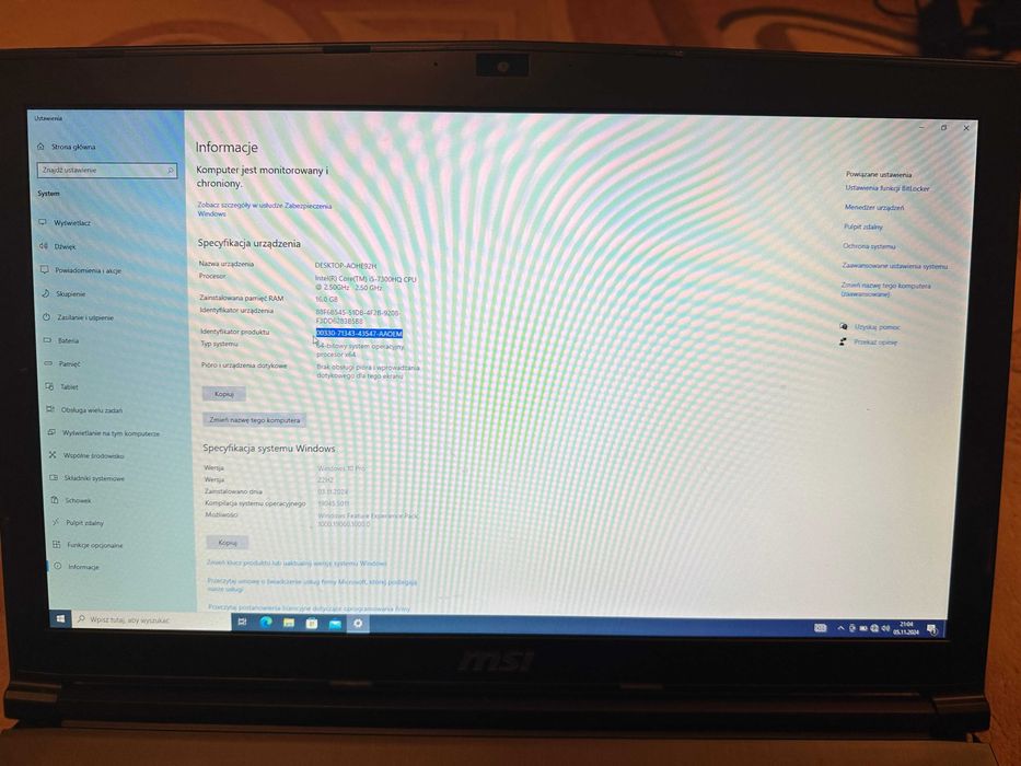 Laptop MSI GV72 7RD gamingowy i5 26bg RAM dwa dyski SSD GTX1050