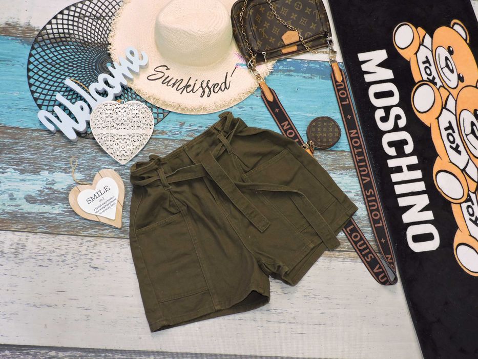 Denim szorty khaki wysoki stan Military pasek 38