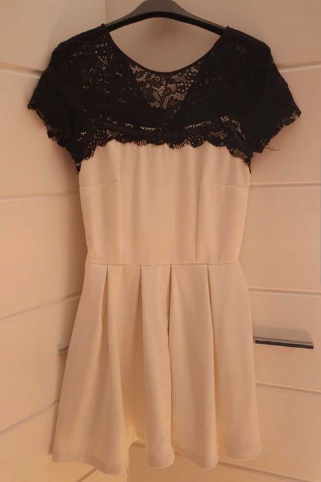 Sukienka koronka święta ecru czarny lekko ocieplana S 36