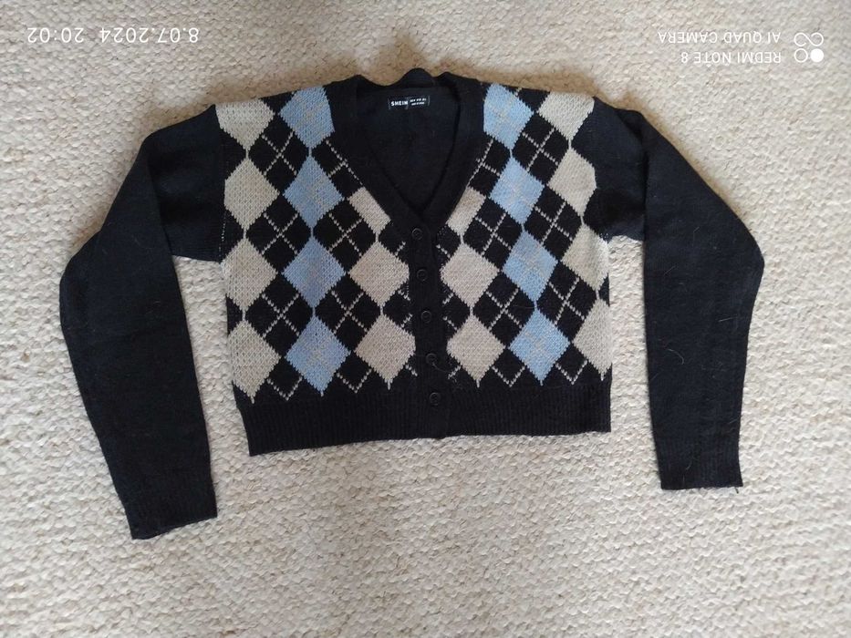 Shein sweter romby czarny rozpinany niebieski M L