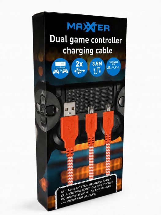 Kabel do ładowania 2 padów PS4 Xbox One 3,5 m 2x Micro USB Oplot Dual