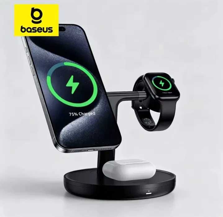 Бездротова зарядна станція Baseus 3-in-1 Qi2 20W. НОВА Wireless Charging Stand, безпровідна Зарядка, швидка зарядка