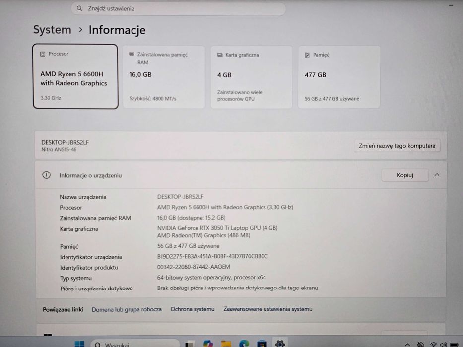 Acer Nitro 5-AN515-46 / R5-6600H 3.30GHz / RTX 3050Ti 4GB / 16GB 4800MHz DDR5 / 512GB M2 / 15.6' FHD TFT 120Hz / Grade A- / GW 12 miesięcy