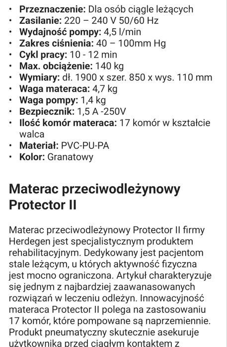 Materac przeciwodleżynowy Herdegen Rurowy 85 cm x 190 cm Protector II