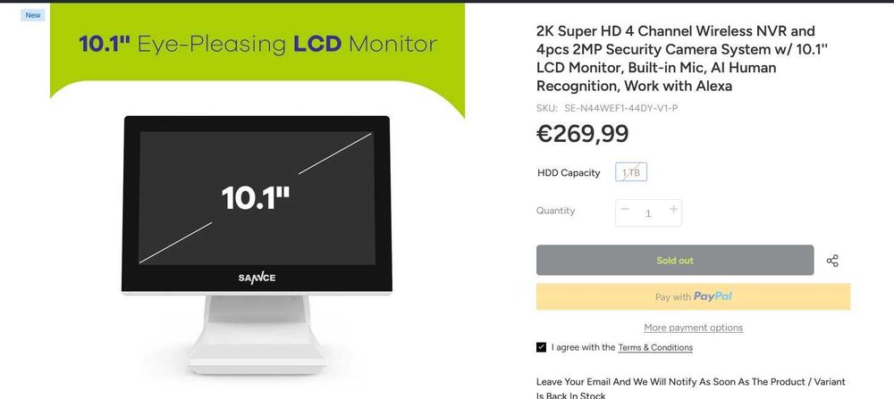 Sistema de Videovigilância SANNCE 10.1" LCD NVR Wi-Fi 4 Canais – Novo