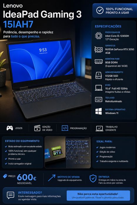TROCO Lenovo IdeaPad Gaming 3 - i5 12ª Gen - RTX 3050  POR PC DE TRABALHO