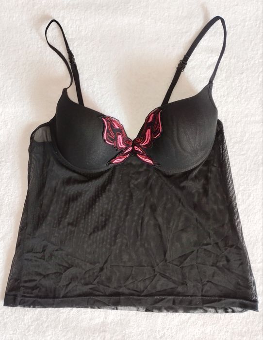 Koszulka nocna top z biustonoszem bielizna 75B motyl czarno różowa