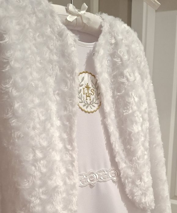 *Impressja* cudna sukienka alba komunijna bolerko rękawiczki halka 140