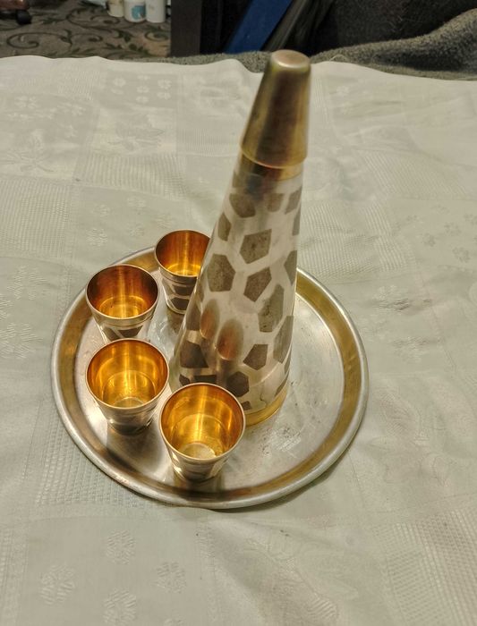 Советский позолоченный коньячный мельхиоровый набор с рюмками